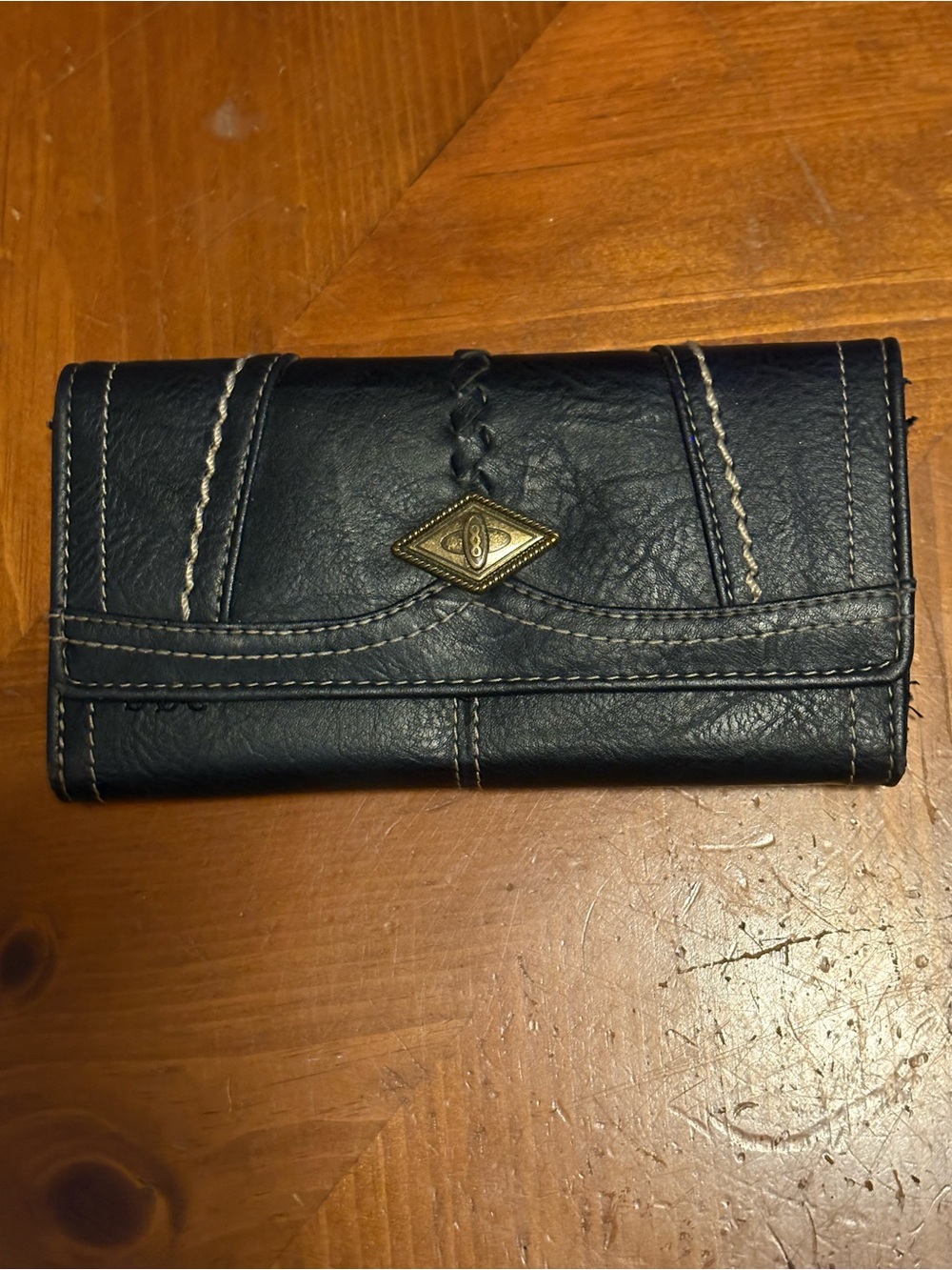 boc Black Leather Trifold Wallet with Brass Accent